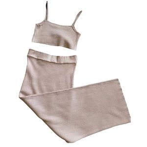 Beige Knit Midi Skirt Set